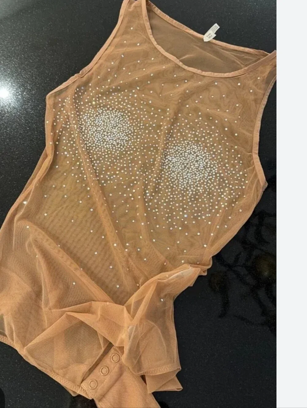 Good American Nude Sheer Embellished Rhinestone Bodysuit Size 3 New